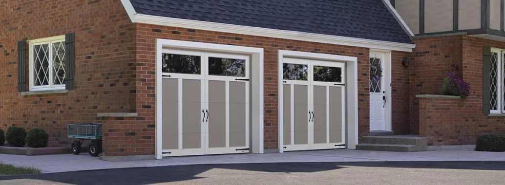 Eastman E-12, 8’ x 7’, Claystone doors and Ice White overlays, Clear Panoramic windows